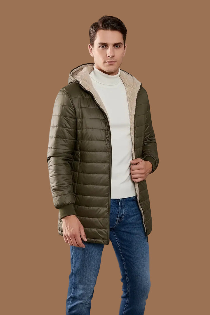 Gefütterte Steppjacke Herren mit Kapuze, mittellang – Fleecefutter