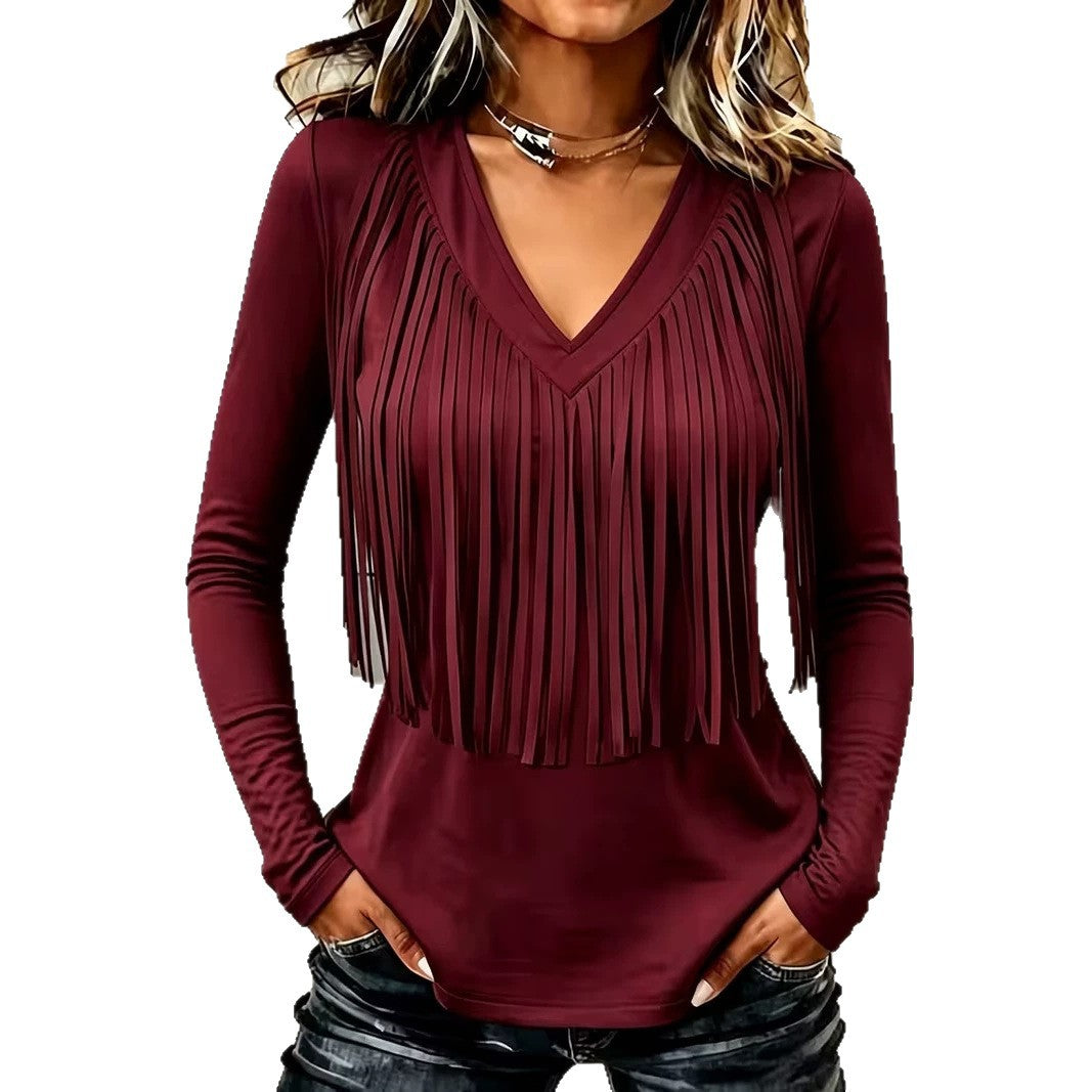 Haut Femme à Franges – Col V Manches Longues Style Western