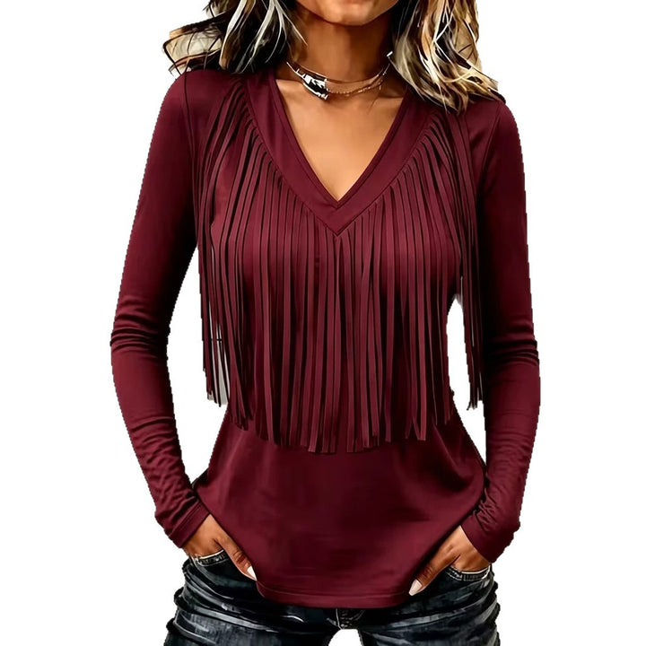 Haut Femme à Franges – Col V Manches Longues Style Western