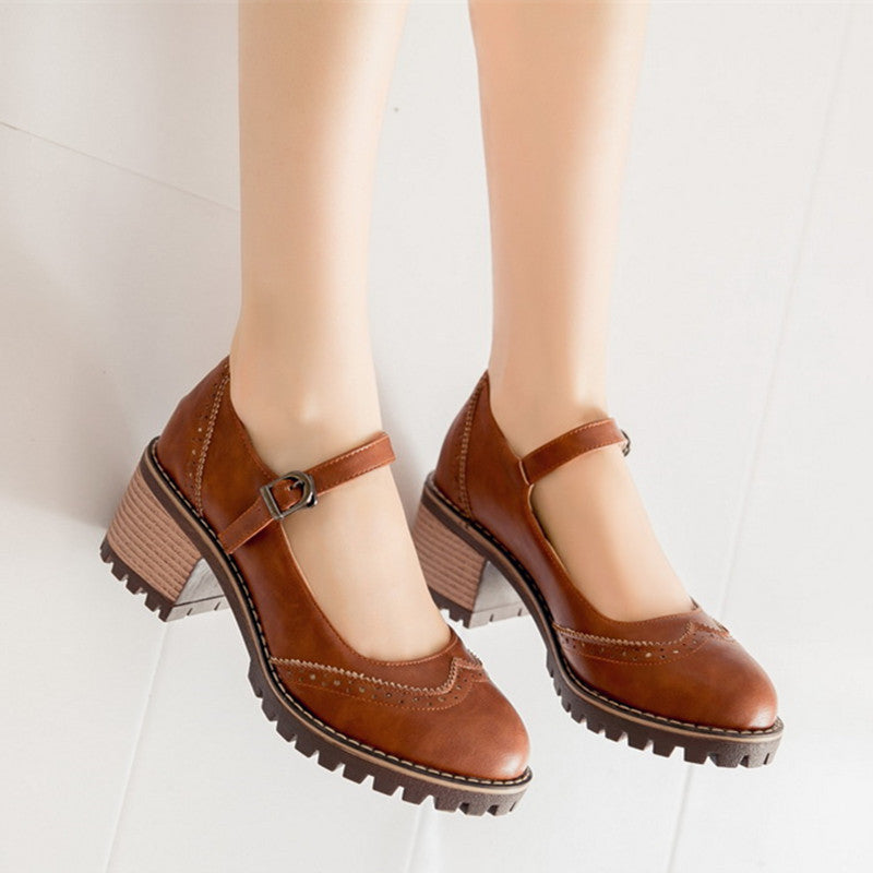 Damesko i Mary Jane-stil – Retro chunky hæl med ankelrem