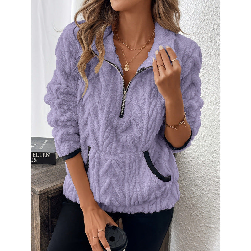 Sweater til dame med halv lynlås i blød strik - Tekstureret finish