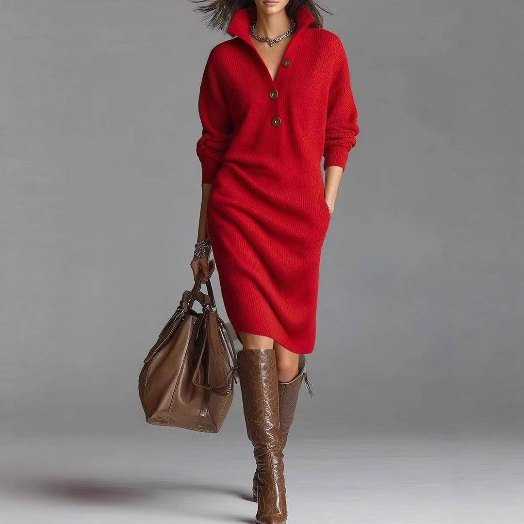 Robe Femme Midi en Maille – Col V Cheminée Boutonné Décontracté