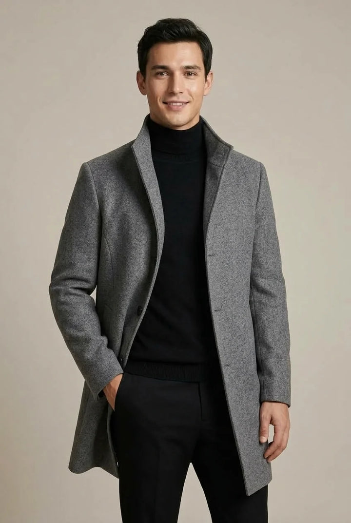 Manteau Homme Trench Col Montant – Coupe Mi-Longue Élégante