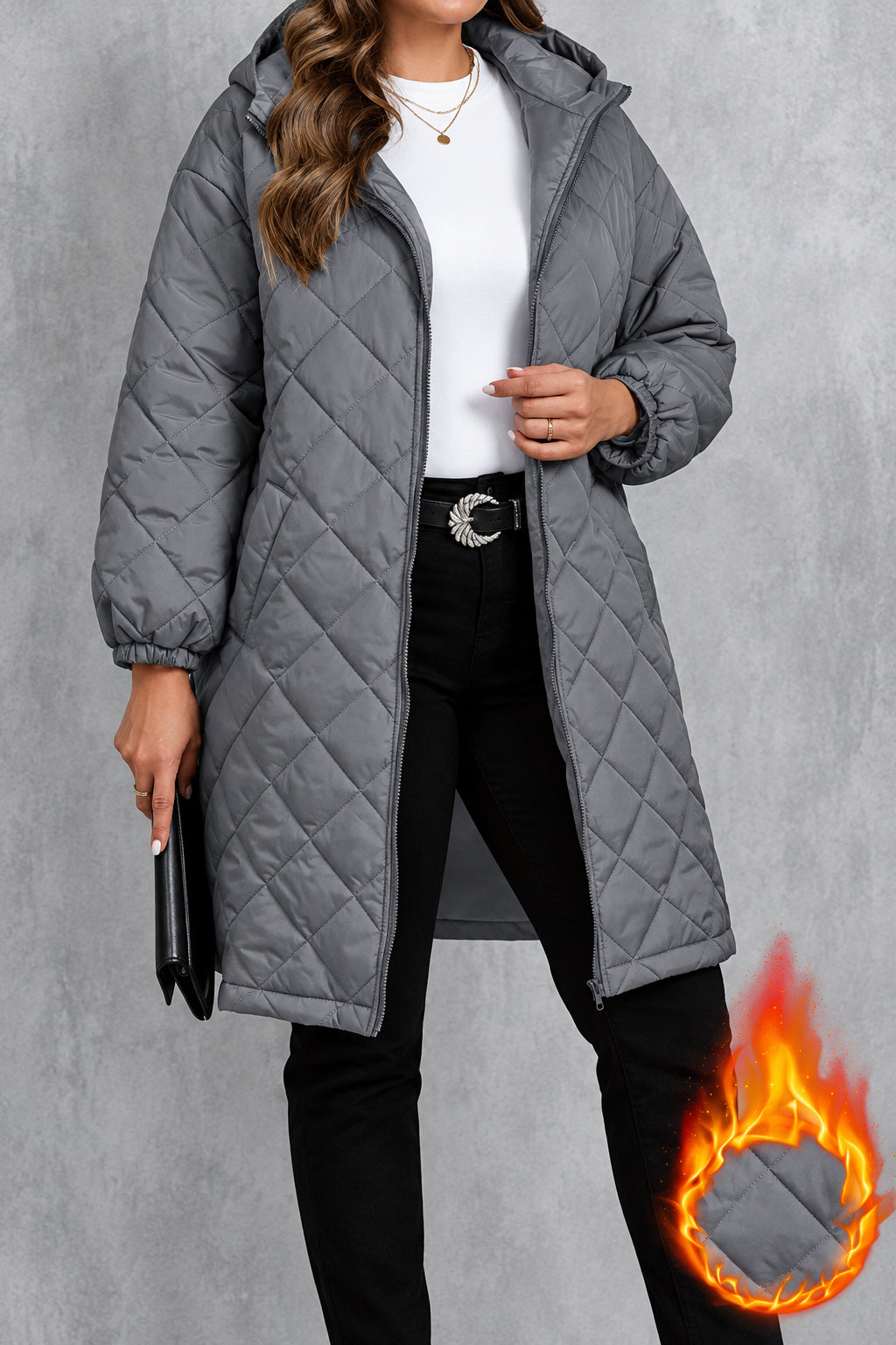 Manteau Long Matelassé à Capuche Femme – Coupe Décontractée Zippée