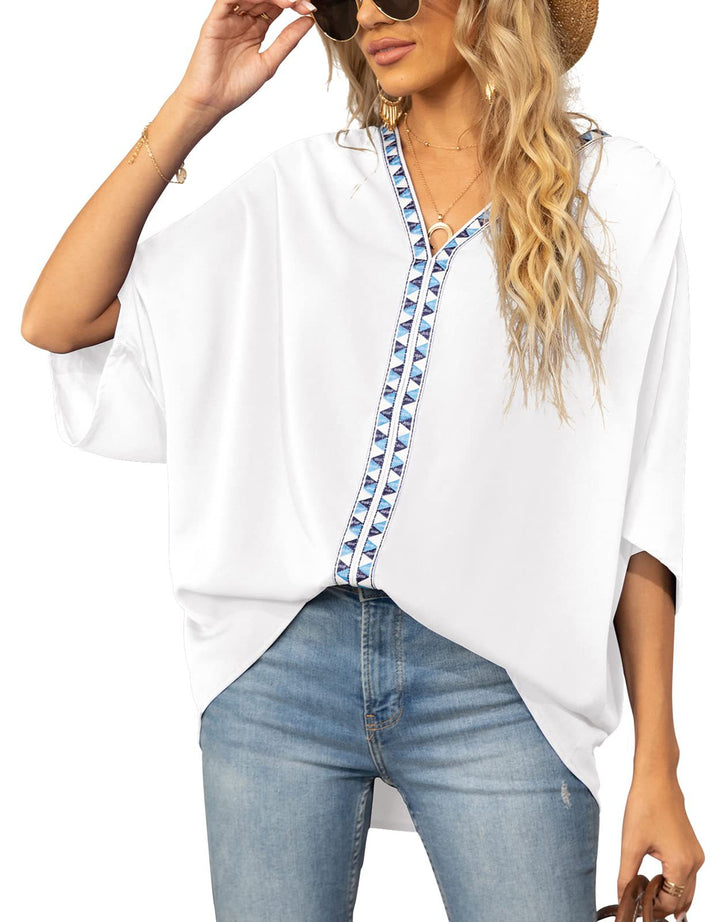 Camicia da donna con maniche a pipistrello effetto chiffon – scollo a V fluido