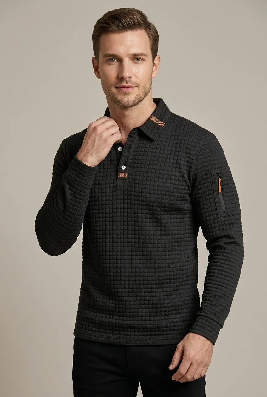 Polo Homme à Manches Longues – Maille Texturée Damier Moderne