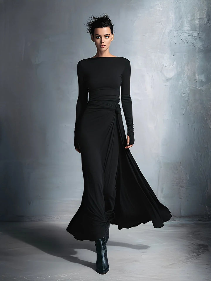 Elegantes Maxi-Wickelkleid für Damen mit Schleifenmuster und langen Ärmeln