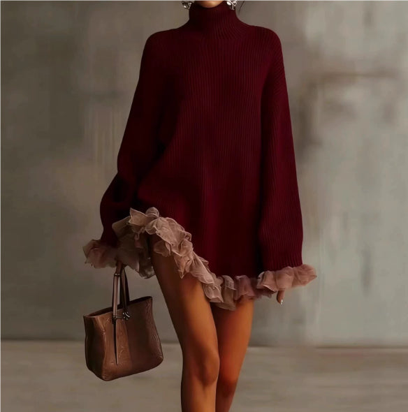 Robe Pull Femme – Mini Maille Col Montant à Volants