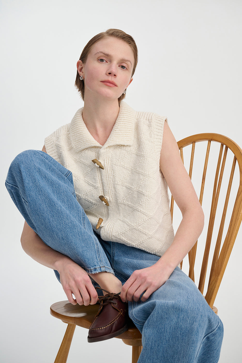 Gilet Femme en Coton Tissé – Motif Losange Vintage