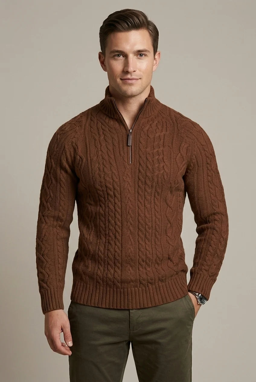 Pull Homme à Col Zippé – Tricot Torsadé Épais