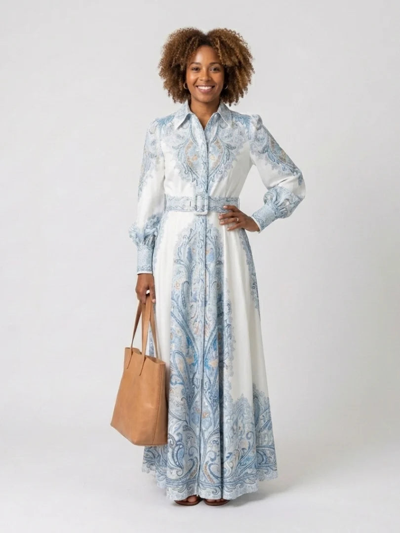 Robe Femme Maxi Imprimée – Col à Revers Manches Lanternes