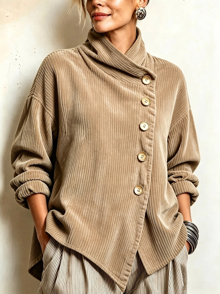 Veste Femme en Velours Côtelé – Col Haut Asymétrique Moderne