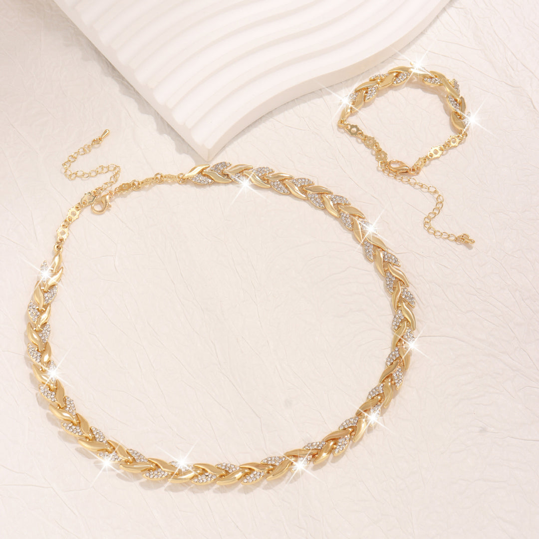 Collana Donna Foglia di Vetro e Bracciale – Dettaglio Elegante con Strass