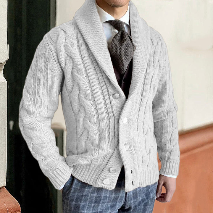 Herren-Cardigan aus Strickwaren – Geknöpfter Schalkragen mit Zopfmuster