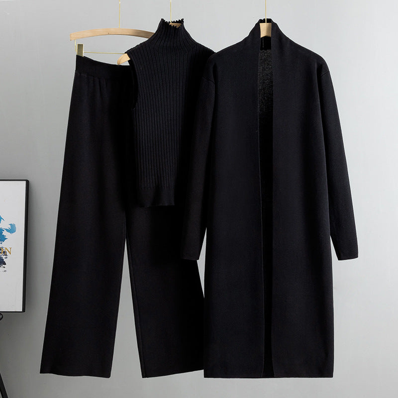 Dreiteiliges Damen-Strickset – ärmellose Weste, langer Cardigan und weite Hose