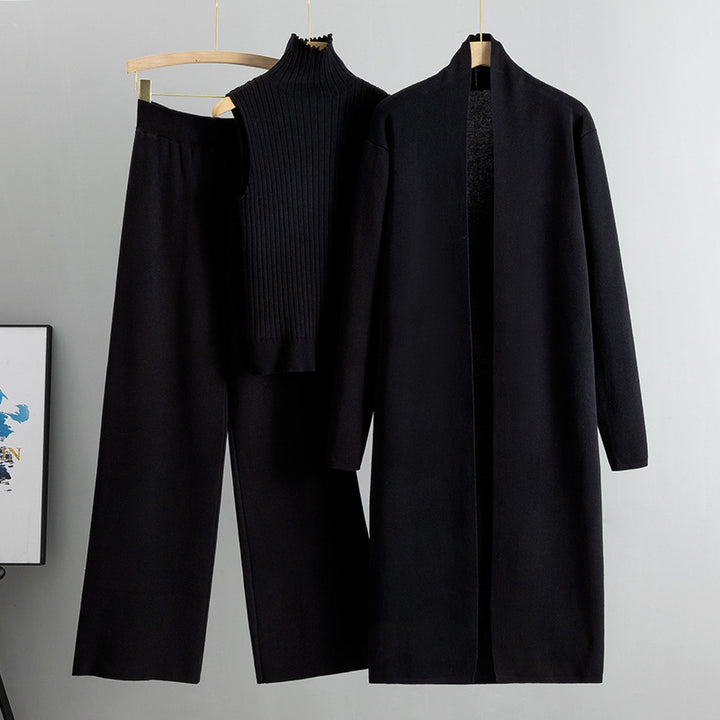 Dreiteiliges Damen-Strickset – ärmellose Weste, langer Cardigan und weite Hose