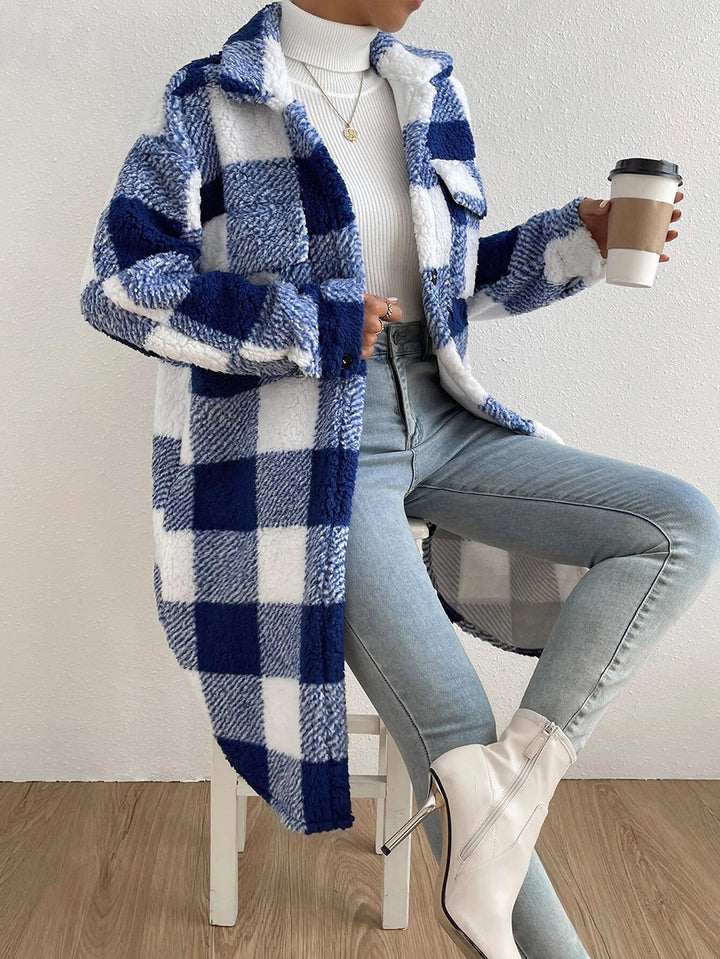 Manteau Femme Long Coupe Décontractée à Carreaux – Détail Splicé