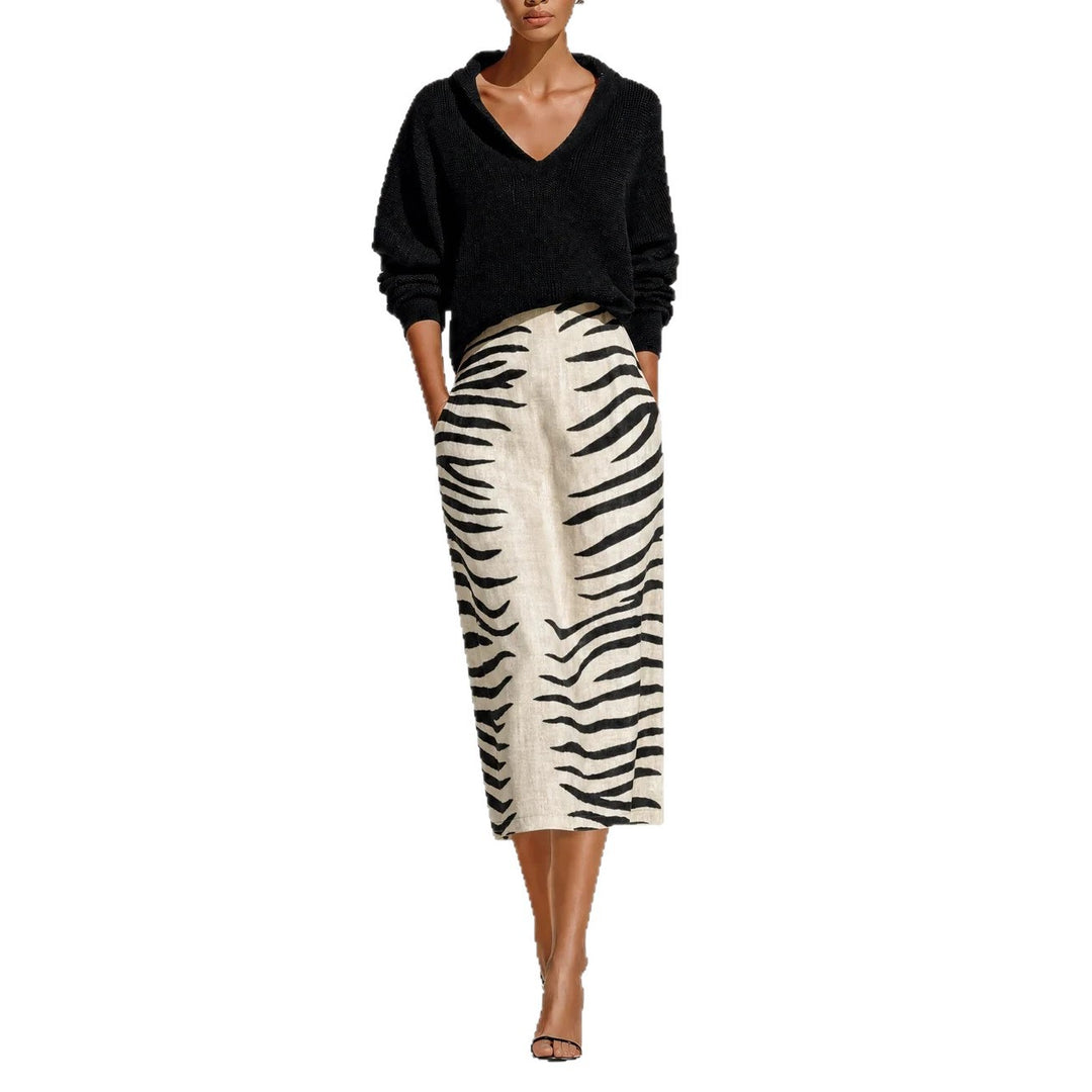 Ensemble Femme Haut Maille et Jupe Midi Imprimée – V-Col Décontracté Élégant