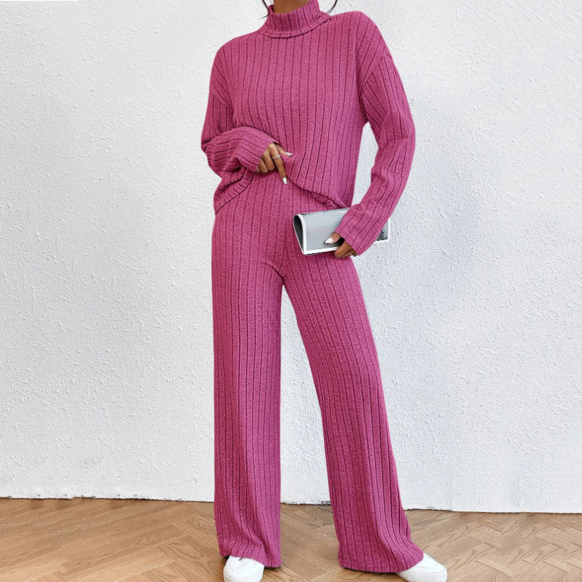 Ensemble Deux Pièces Femme en Maille – Pull Col Roulé et Pantalon Large