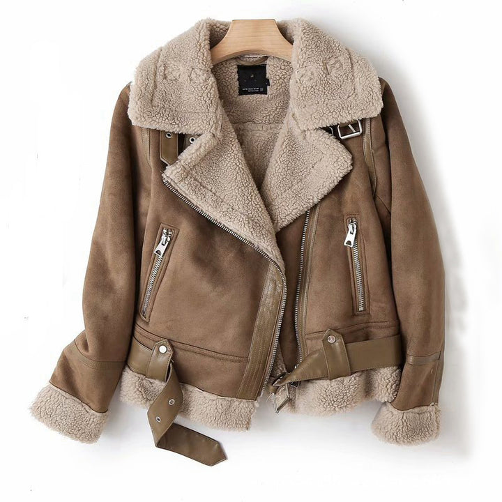 Damen-Wildlederjacke – Reverskragen im winterlichen Biker-Stil