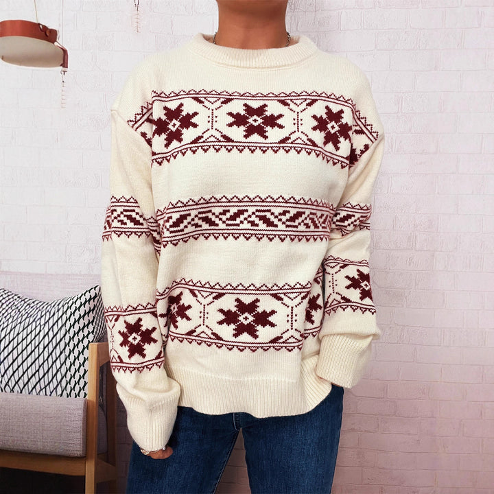 Pull Femme Jacquard Flocon – Col Rond Coupe Ample