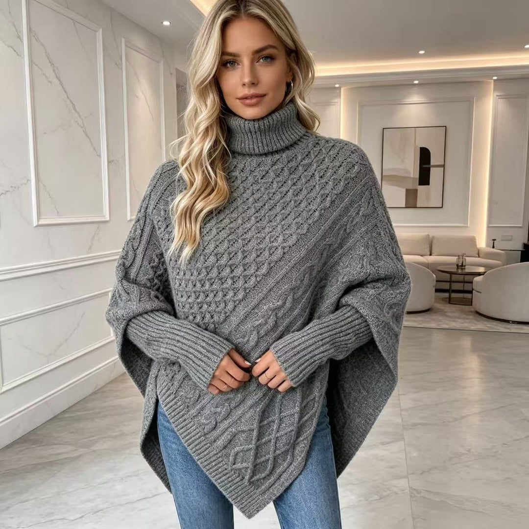 Sweaterponcho til Dame med høj hals – Asymmetrisk silhuet