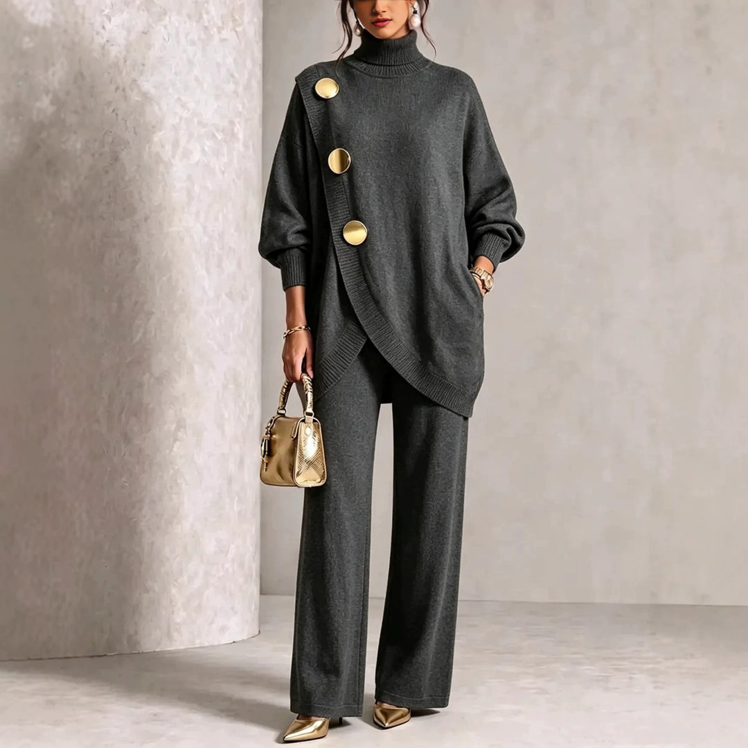 Set van twee gebreide kledingstukken Dames – asymmetrische knoopdetails