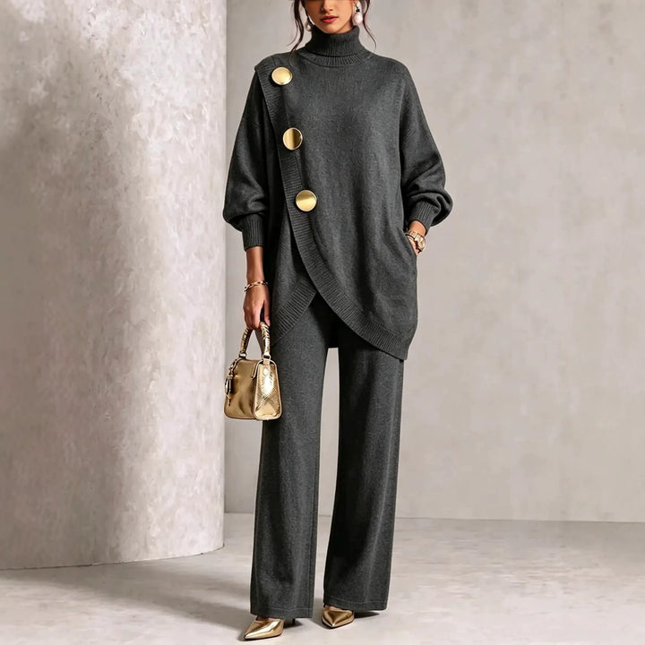 Set van twee gebreide kledingstukken Dames – asymmetrische knoopdetails