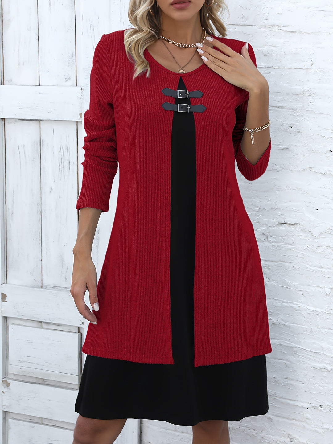 Robe Pull Mini Femme – Détail Double Boucle Poitrine, Manches 3/4