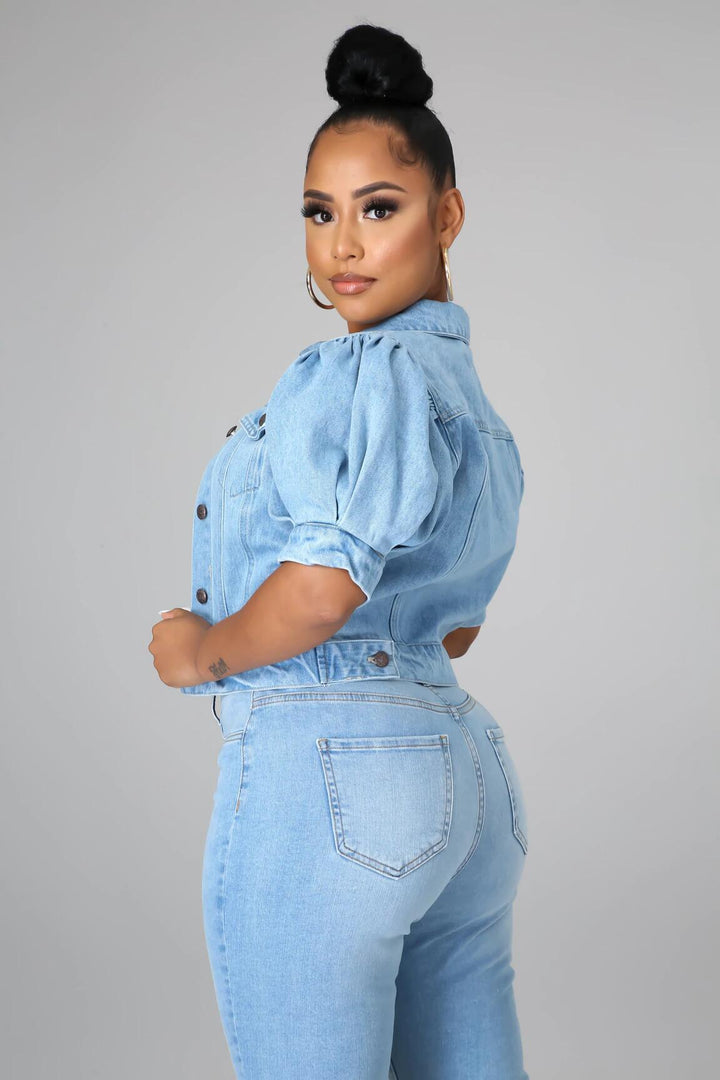 Jas van denim Dames – driekwartmouwen met pofeffect