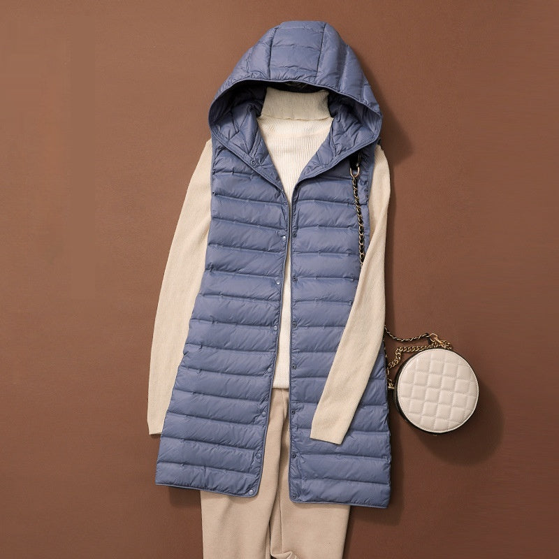 Gilet Femme Duvet Long – Coupe Slim Matelassée avec Capuche