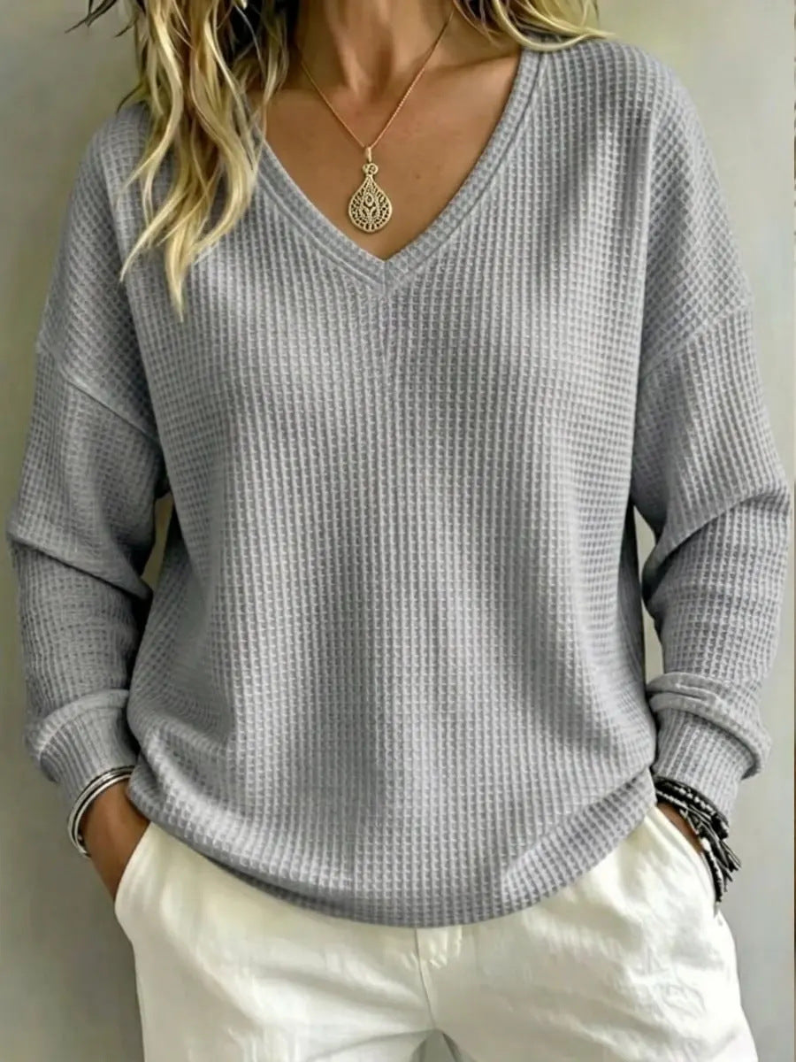 Top til dame med V-udskæring – Afslappet sweater med lange ærmer