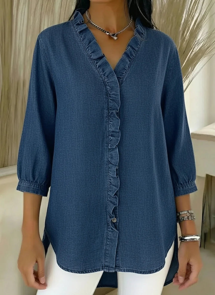 Damenbluse im Denim-Stil – V-Ausschnitt, Volants, gerader Schnitt