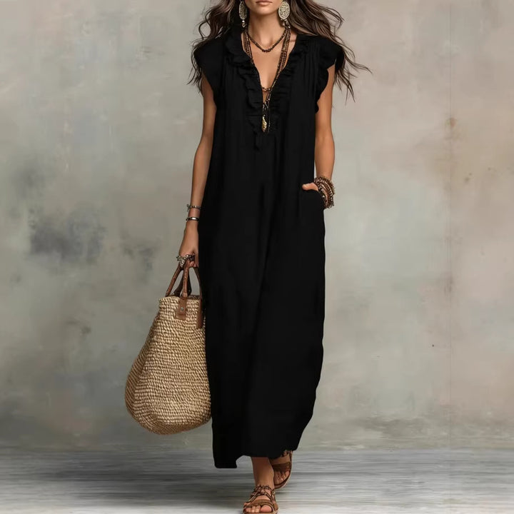 Maxikleid für Damen ohne Ärmel – elegante Volants und praktische Taschen