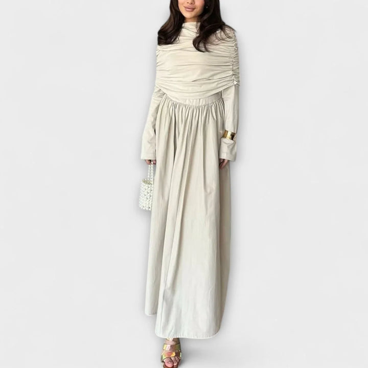 Langes plissiertes Damenkleid – Stehkragen, lange Ärmel