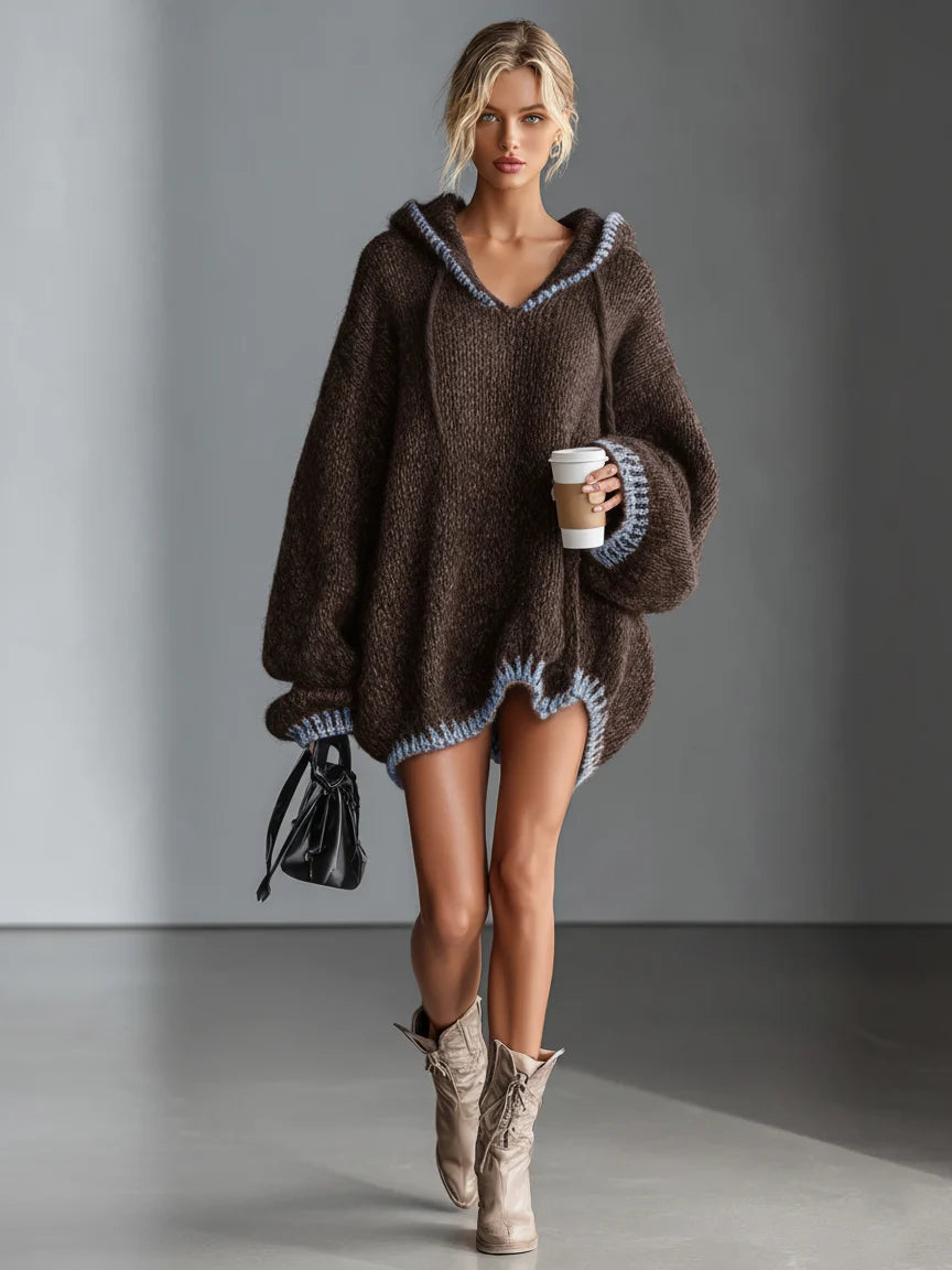 Damen-Strickpullover mit Kapuze – Slim Fit mit kontrastierender Verarbeitung