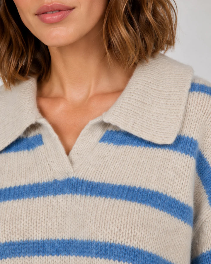 Pull Femme Rayé en Maille – Col Polo Coupe Décontractée