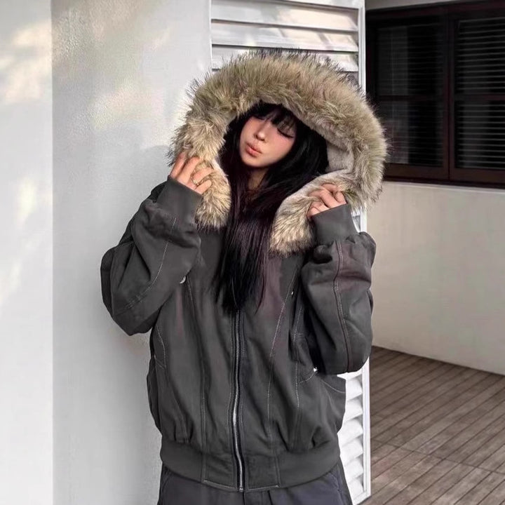 Veste Vintage Unisexe à Col Fourrure – Coupe Régulière Élégante