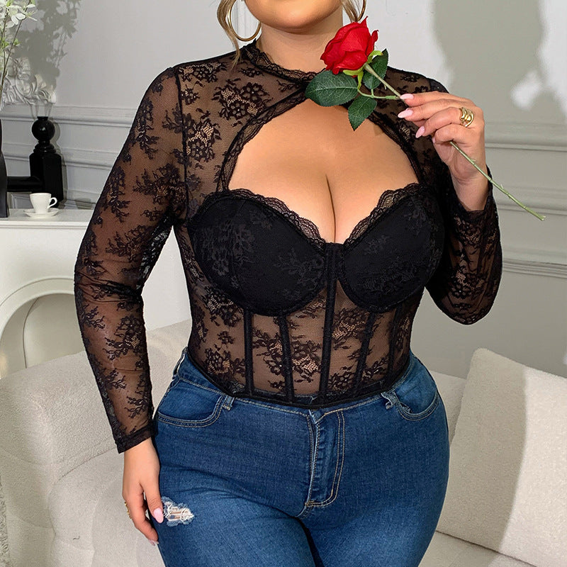 Top Femme en Dentelle Transparente – Coupe Bustier Structurée à Découpe