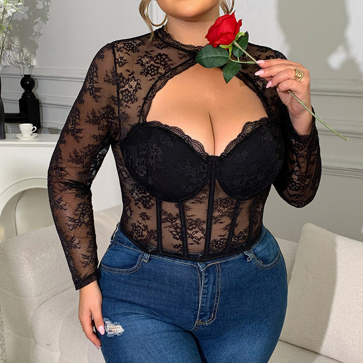Top Femme en Dentelle Transparente – Coupe Bustier Structurée à Découpe