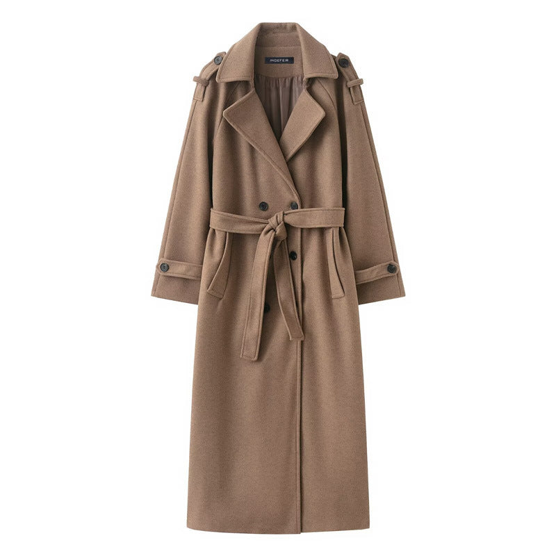 Manteau Long Femme Laine Mélangée – Ceinture &amp; Col à Revers