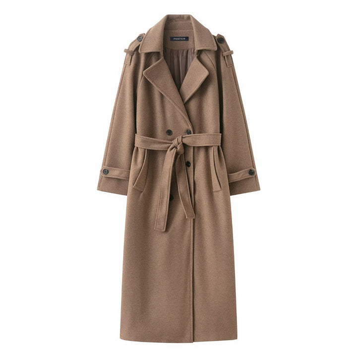 Manteau Long Femme Laine Mélangée – Ceinture &amp; Col à Revers