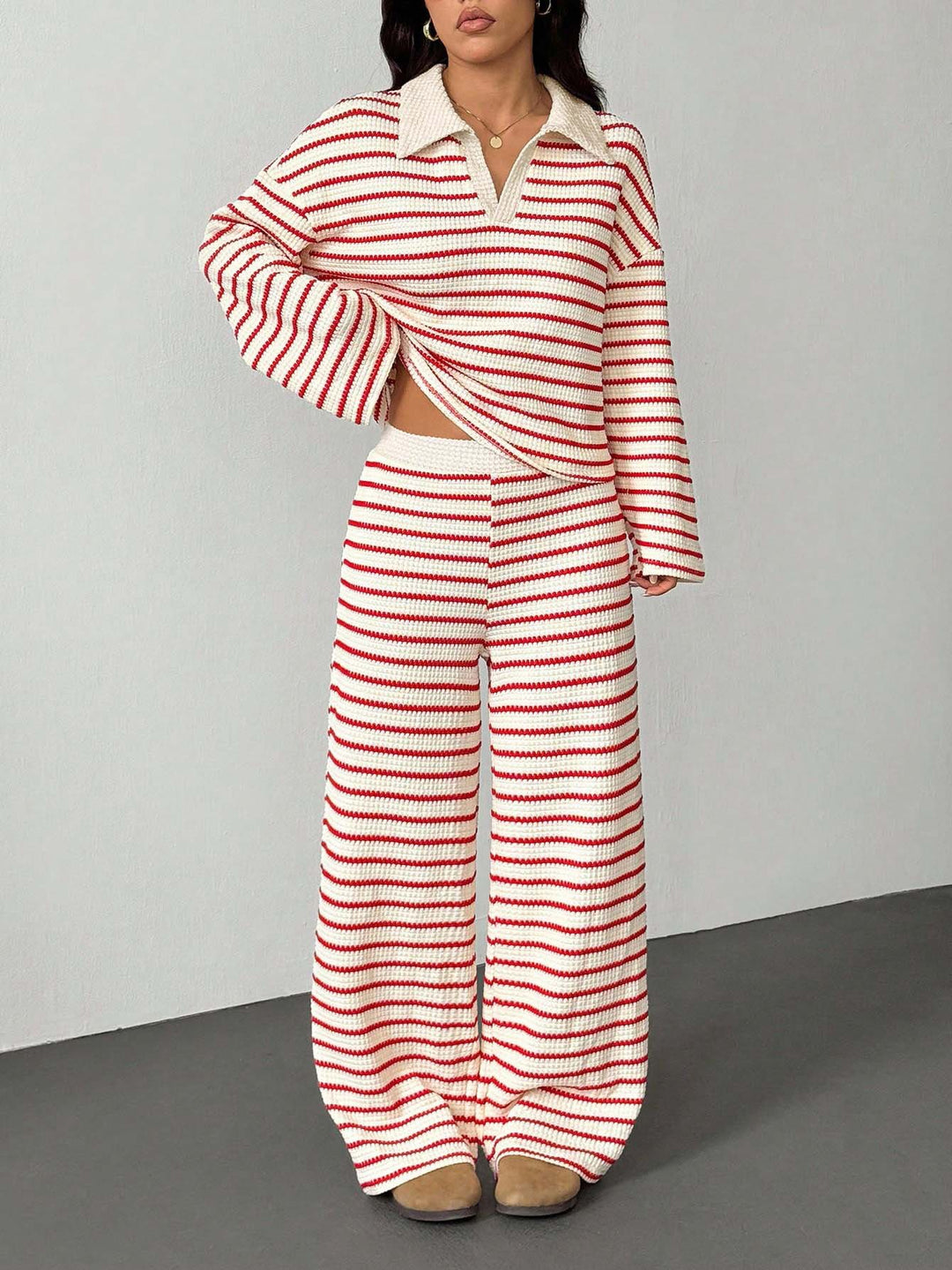 Ensemble Deux Pièces Femme Rayé – Maille Décontractée Pantalon Large
