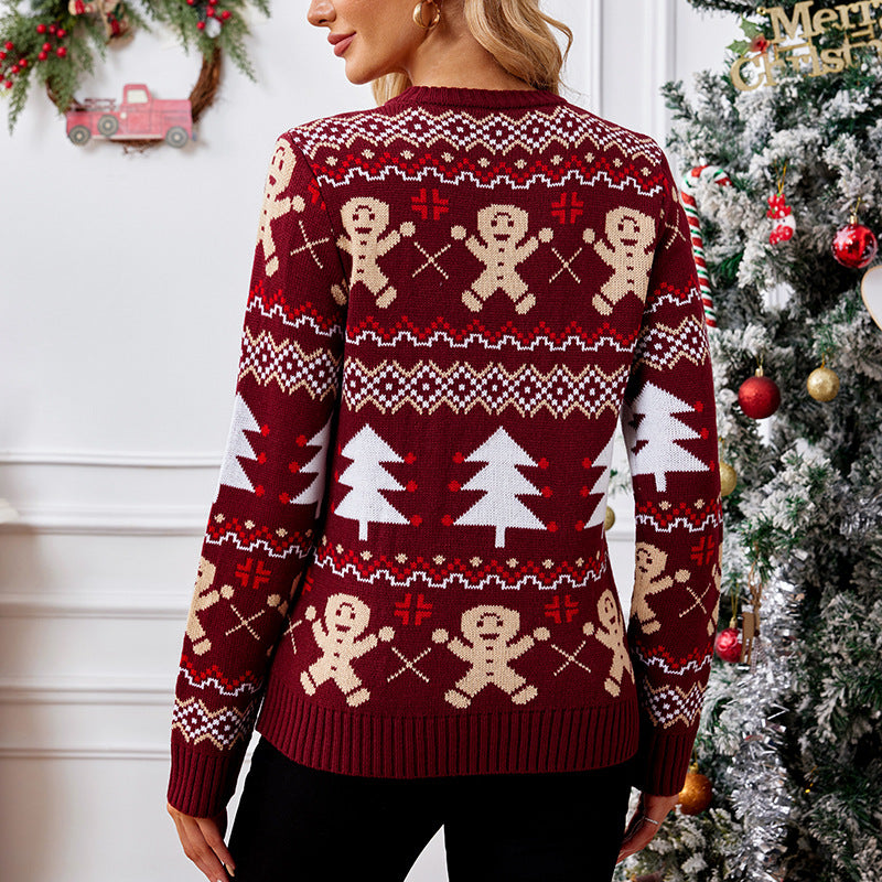 Pull Femme Jacquard Pain d’Épices – Maille Épaisse Festive