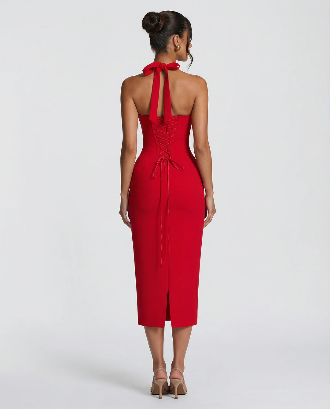 Midi-Kleid für Damen – Neckholder-Ausschnitt, strukturierter Schnitt, Rückenschlitz
