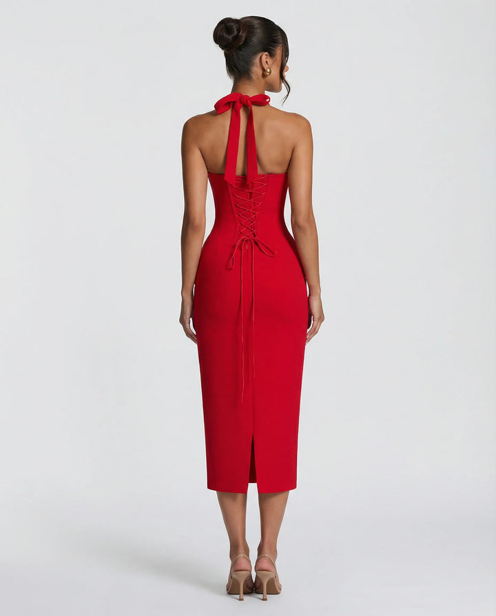 Midi-Kleid für Damen – Neckholder-Ausschnitt, strukturierter Schnitt, Rückenschlitz
