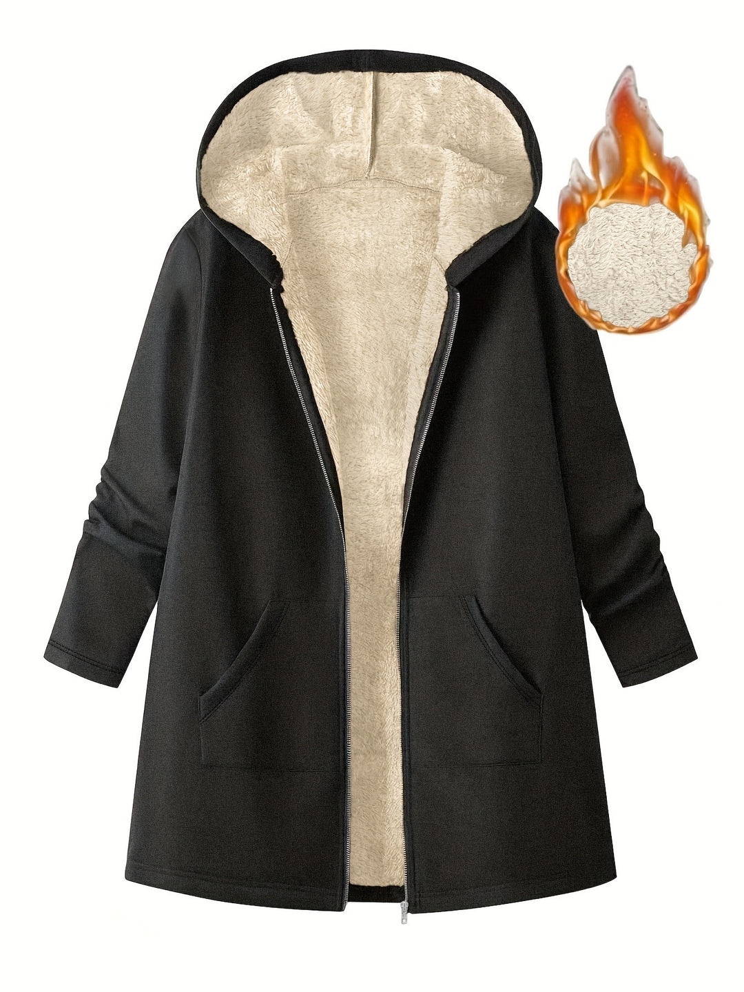 Manteau Femme à Capuche Doublé Polaire – Longueur Mi-cuisse Coupe Décontractée
