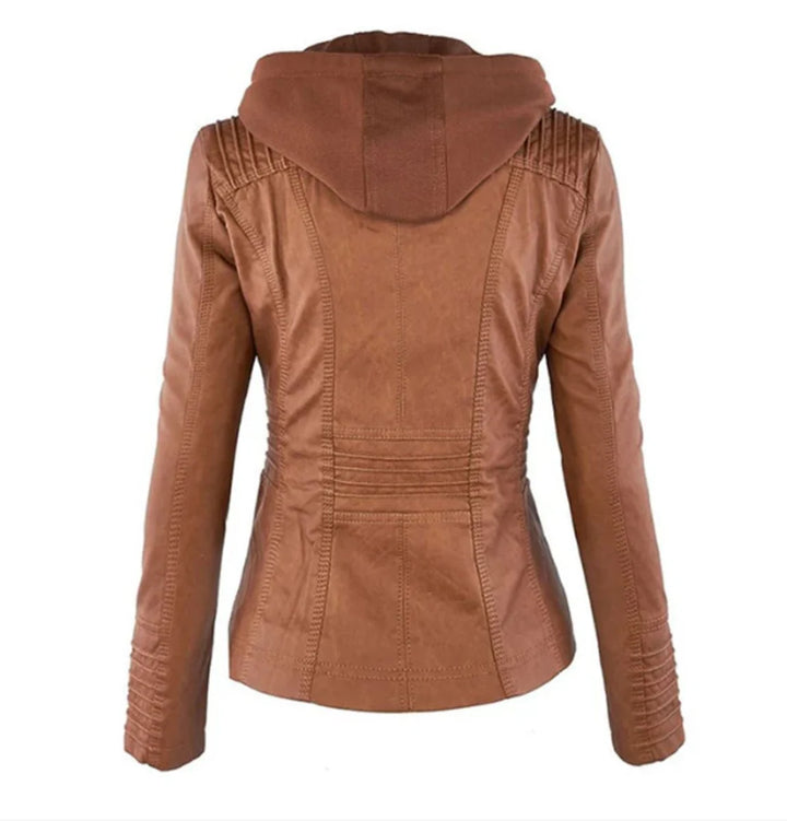 Vegane Motorradjacke für Damen – taillierter Schnitt mit abnehmbarer Kapuze