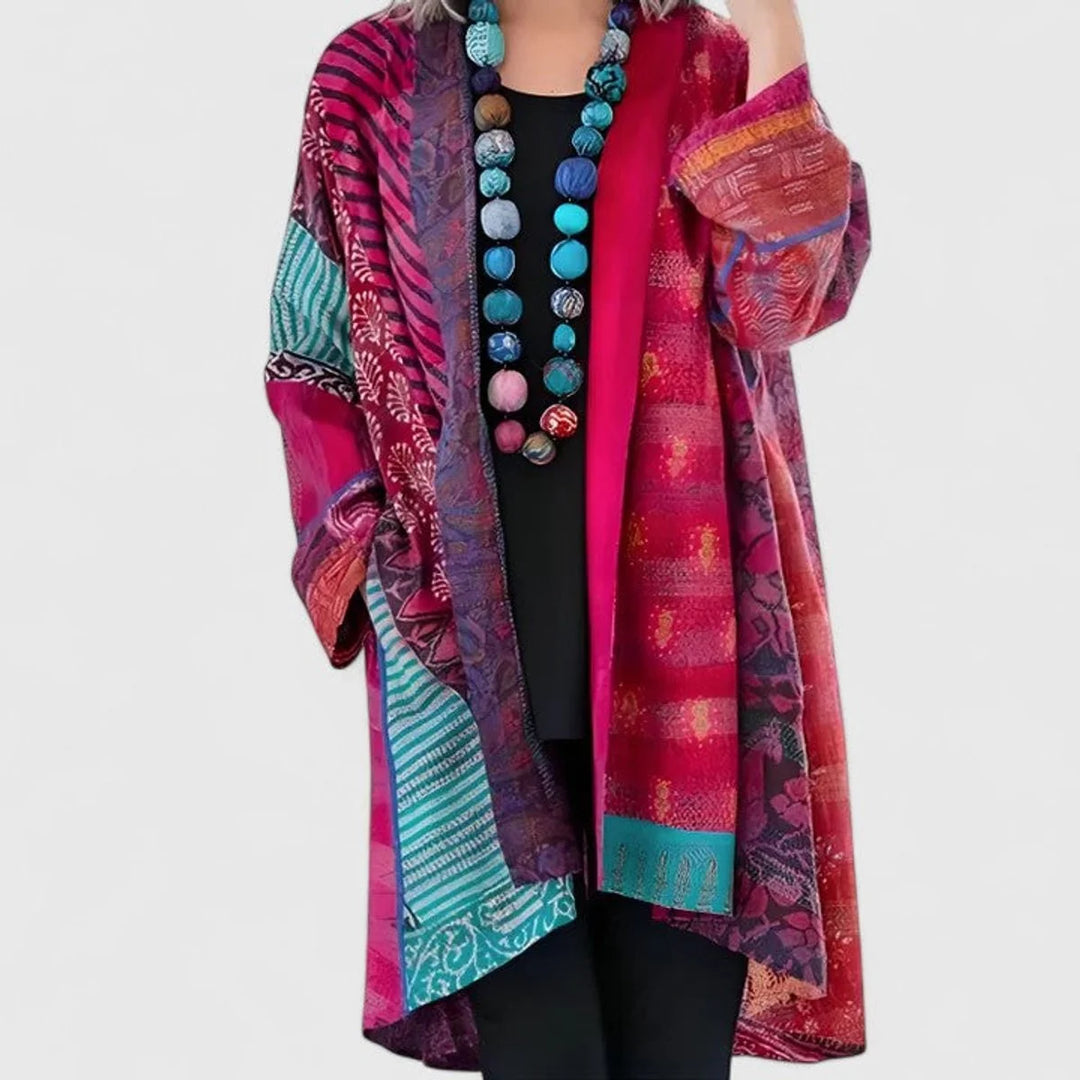 Cardigan Long Femme Mélange Lin Coton – Patchwork Décontracté