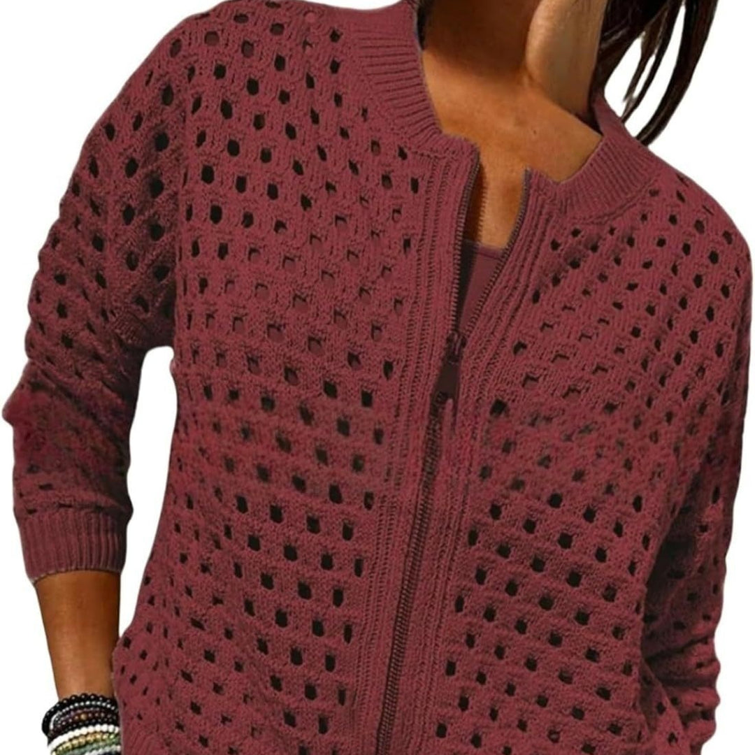 Cardigan Femme en Maille – Col Rond Zippé Léger Ajoure
